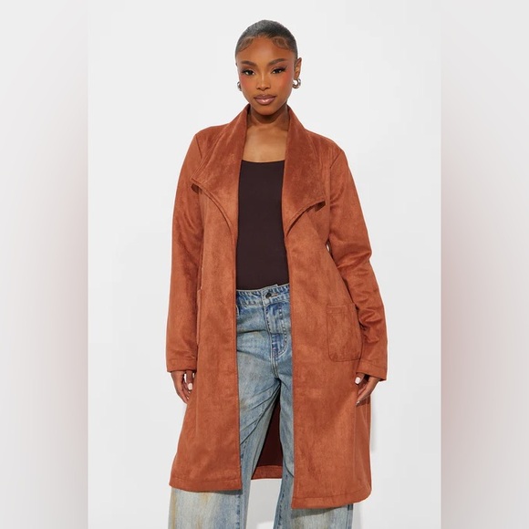 Spoonflower Jackets & Blazers - •Falling for You• Faux Suede Cognac Belted Trench Coat